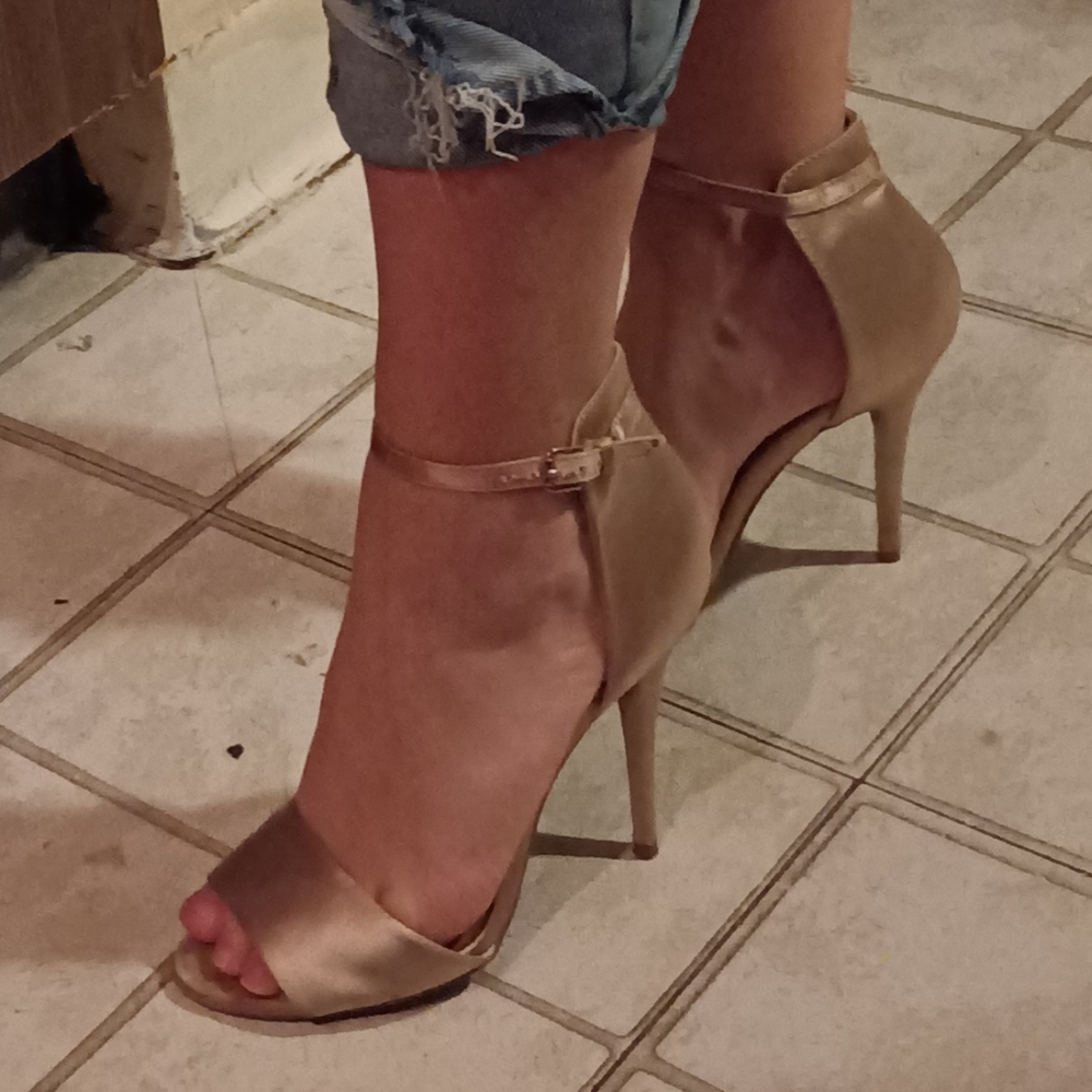Gold satin heels with ankle strap